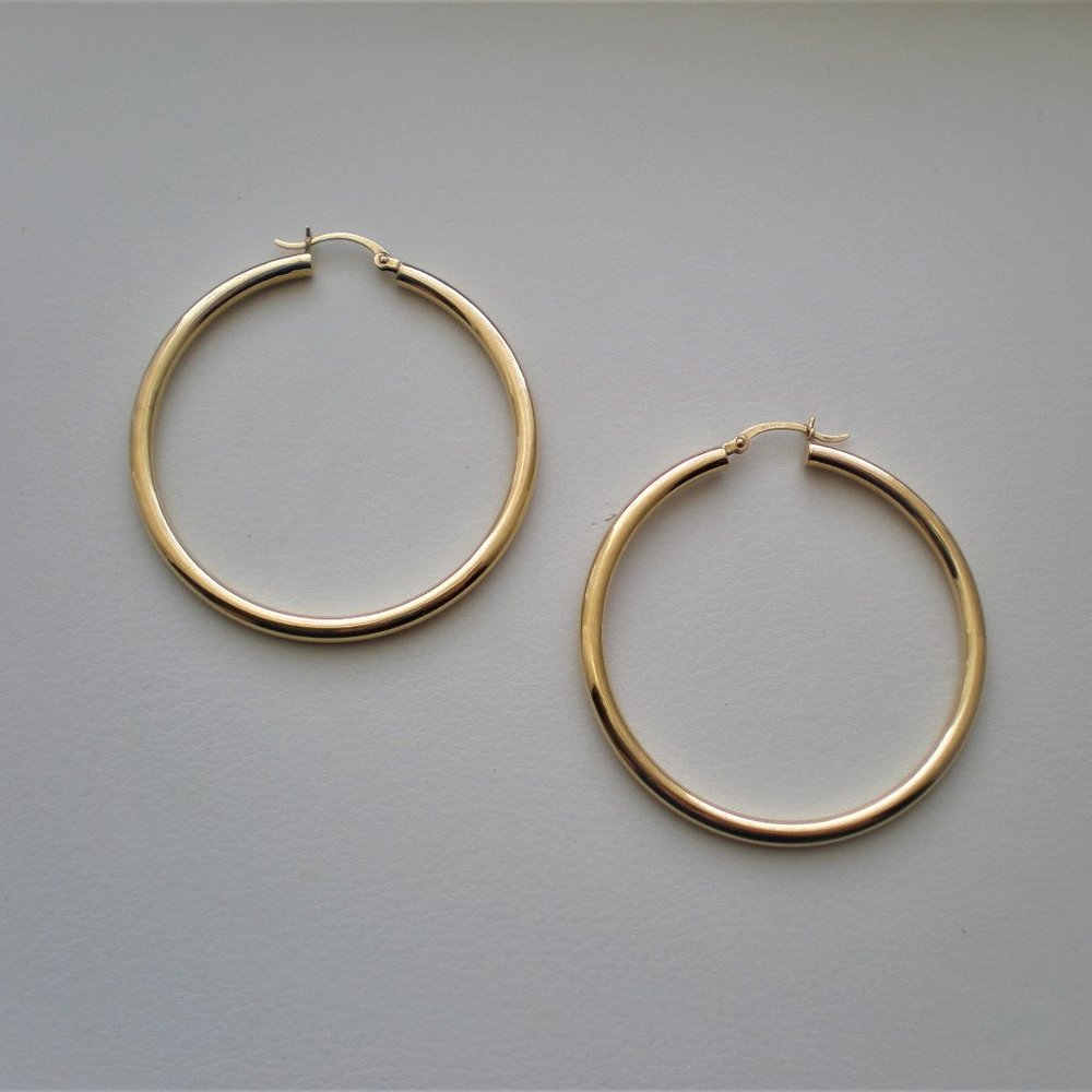 Vintage HUGE Designer Solid 14K Yellow Gold Hoop Pierced Earrings 14kt